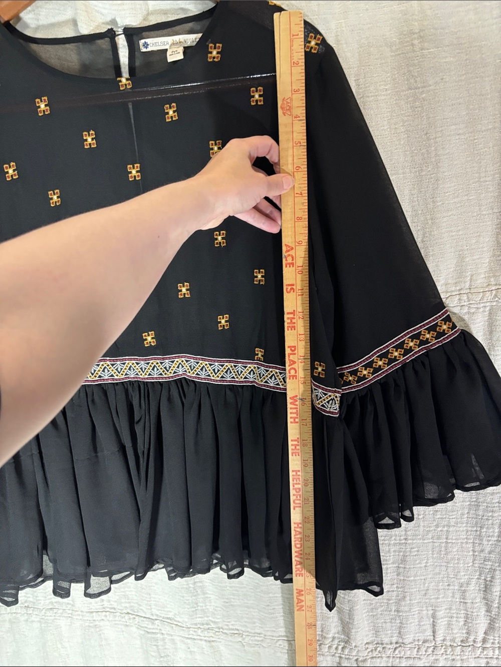 Chelsea & Violet Black Ruffled Peplum Blouse with Gold Embroidery Bell Sleeves - Picture 4 of 11